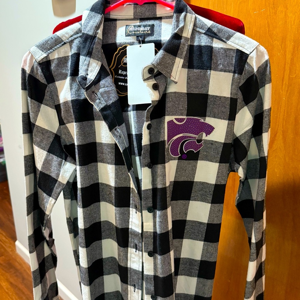 Kansas State Black and White Checkered Button-Up Shirt with Purple Logo